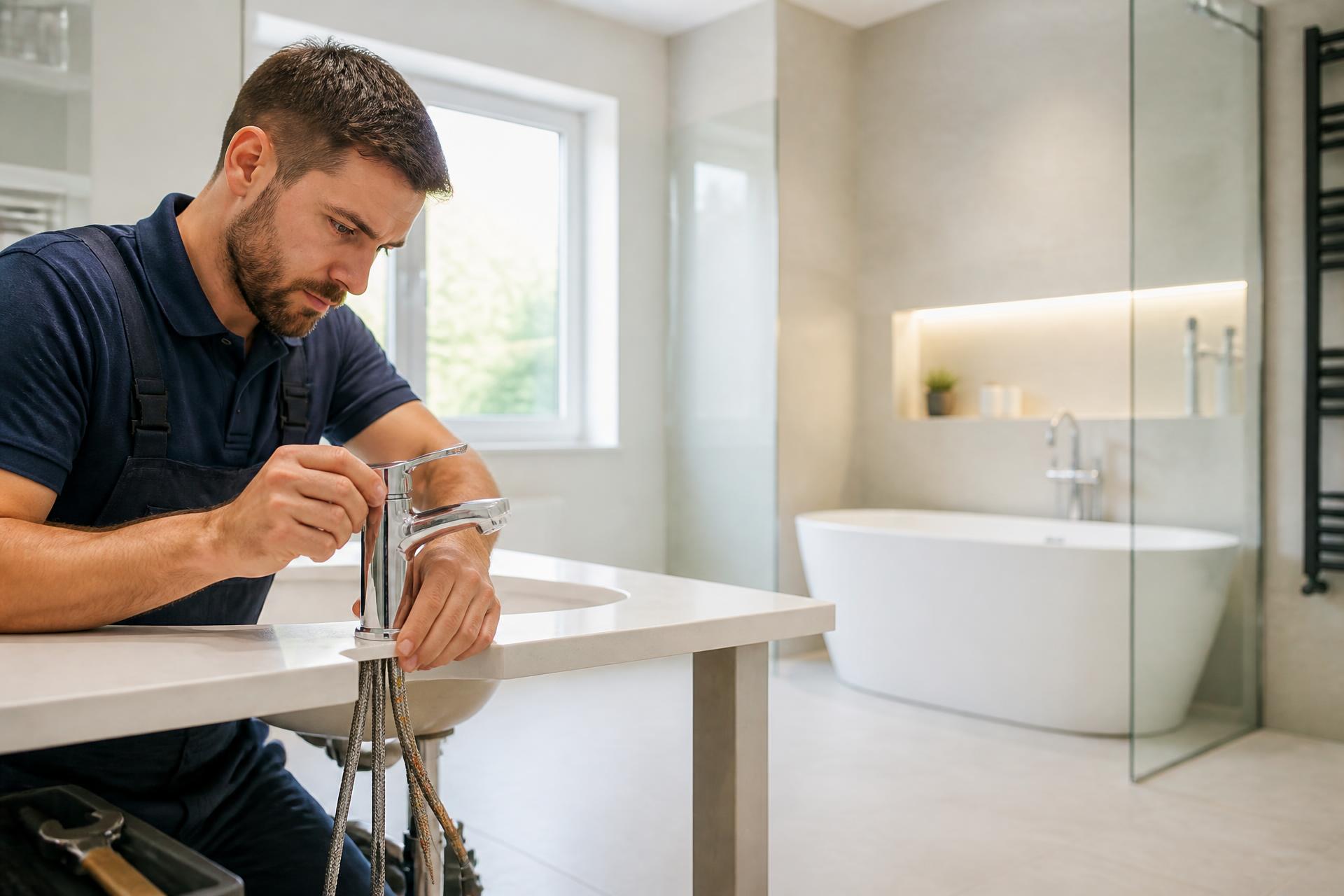 Instalatér při montáži baterie v moderní koupelně